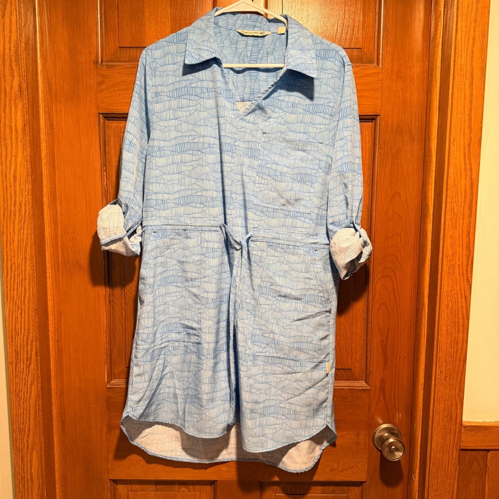 Shore to Summit Sea Mist Blue Abstract Print‎ Roll Tab Shirt Dress Size Large